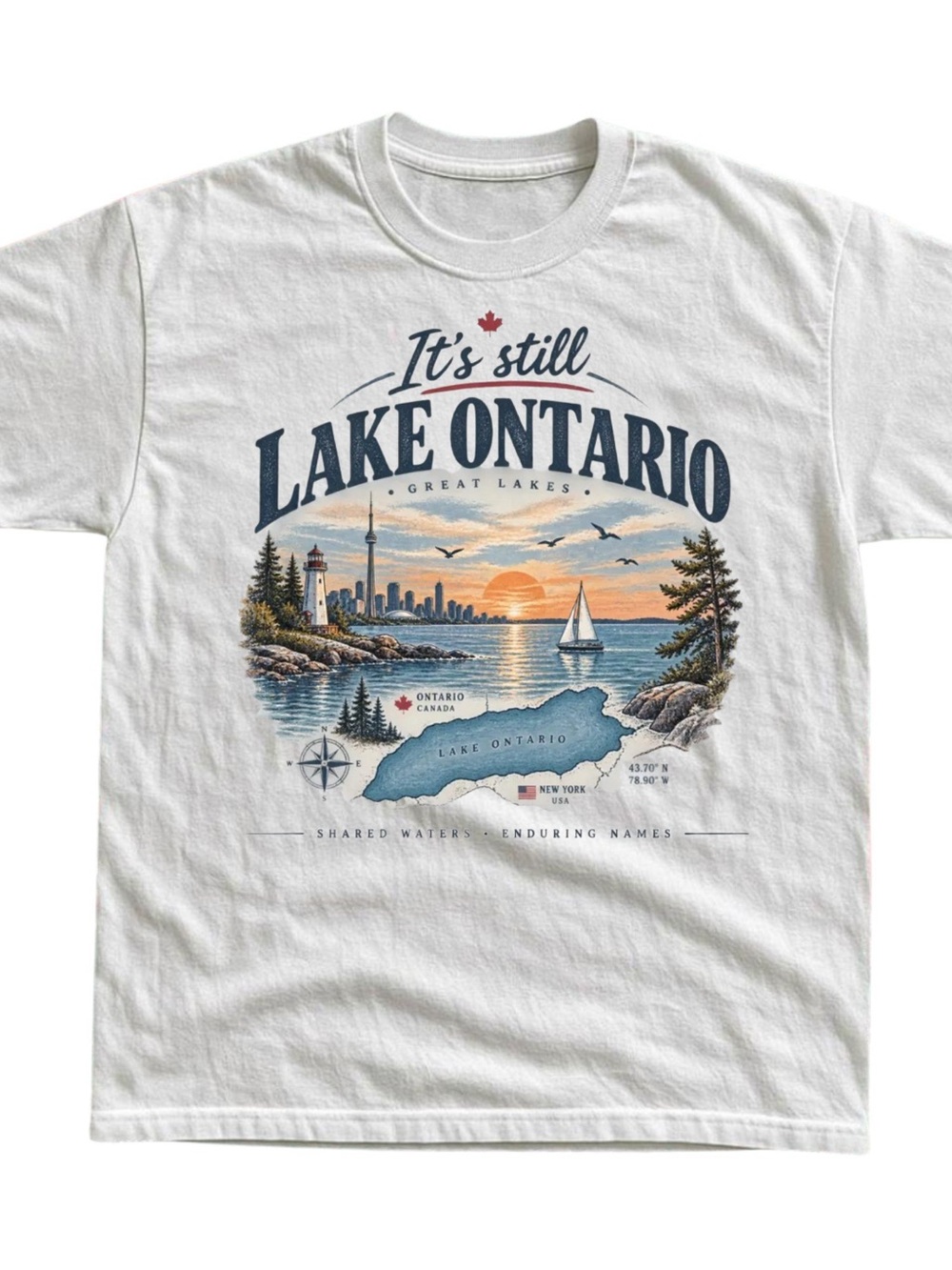 Gildan White Lake Ontario Graphic Tee with Navy & Sunset Accents